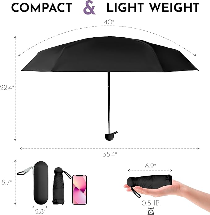 Travel Mini Umbrella Compact Small & Lightweight, UV Rain Protection, Pocket-Sized Folding Umbrellas with Quickdraw & Case for Men Women & Kids Backpack