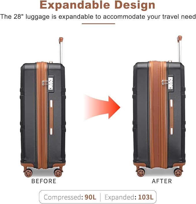 Kono 28 Inch Luggage Expandable Suitcase with Spinner Wheels TSA Lock Lightweight PC+ABS Hardside Large Checked Luggage Durable Rolling Suitcase Apricot Black