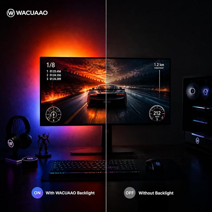 RGB Monitor Backlight with Screen Sync, Dual USB Powered Ambient Lighting Kit for 27 Inch Gaming Monitors, Music Mode, Immersive Dynamic LED Strip Lights for PC Setup (4 Sides - 27 inch)