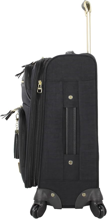 Steve Madden Designer-Gepckkollektion Leichter Softside-Koffer fr Damen und Herren strapazierfhige 50,8 cm groe Tragetasche mit 4 rollenden Spinner-Rdern, Peek-a-boo Black, 20in, Carry on Bag With