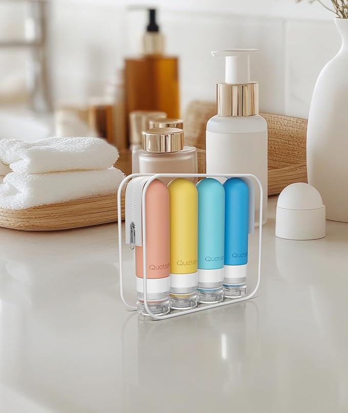 Quatish Travel Bottles for Toiletries, Original Patented Leak Proof Travel Size Containers, 3 oz Tsa Approved Silicone Shampoo and Conditioner Bottles, 4 Pack, Multi-ColorB
