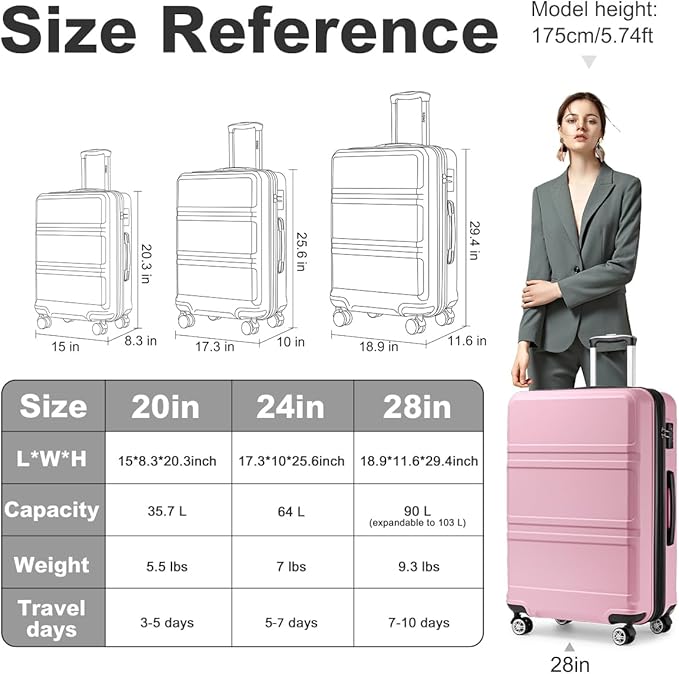 Kono 28 Inch Luggage Expandable Suitcase with Spinner Wheels TSA Lock Lightweight PC+ABS Hardside Large Checked Luggage Durable Rolling Suitcase Pink