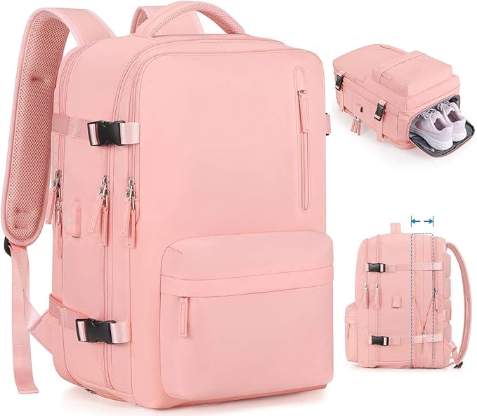 Bagsure Travel Backpack, 42L Carry on Luggage, Flight Approved Expandable Backpack, Laptop Backpack (Pink(Without 4 Packing Cubes))