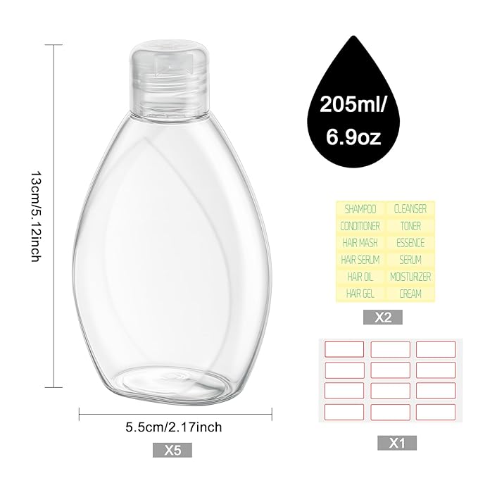 Travel Shampoo and Conditioner Bottles 6.9oz 5 Pack Leak Proof Plastic Squeeze Bottles with Flip Cap Refillable Toiletry Bottle Empty Containers for Shampoo Conditioner Body Wash(Clear)