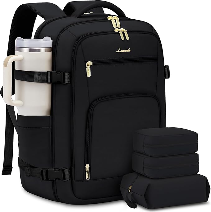 LOVEVOOK Carry on Backpack, 50L Large Travel Backpack For Airplanes, TSA Personal Item Travel Bag, Waterproof Daypack Fits 18 Inch Laptop, Business Weekender Overnight With 3 Packing Cubes, Black