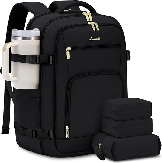 LOVEVOOK Carry on Backpack, 50L Large Travel Backpack For Airplanes, TSA Personal Item Travel Bag, Waterproof Daypack Fits 18 Inch Laptop, Business Weekender Overnight With 3 Packing Cubes, Black