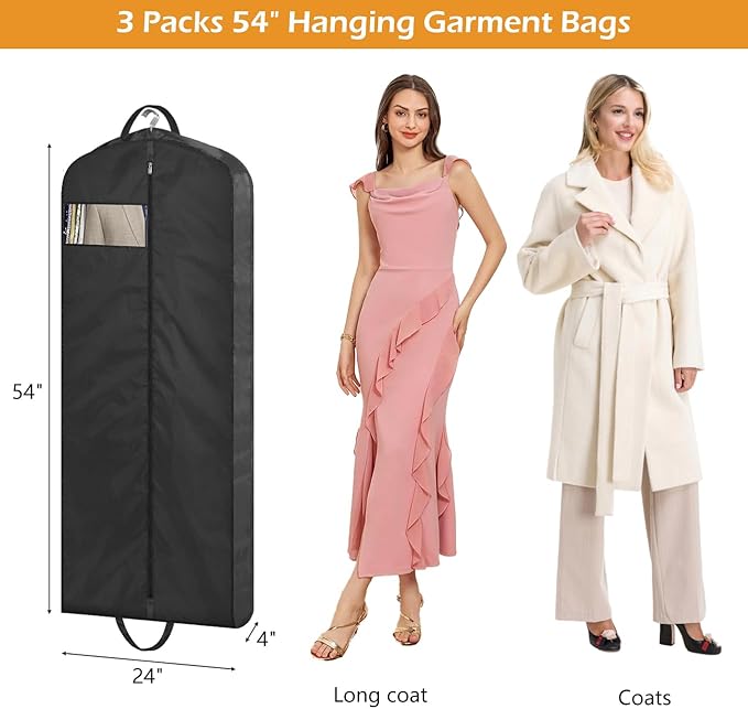 MISSLO 54" Garment Bags for Travel for Women Waterproof Dress Bags for Gowns Long Dress Cover for Gowns, Coats, Suits, Black, 3 Packs