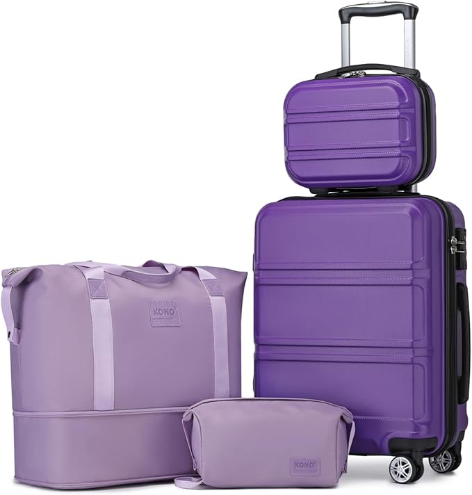 Kono Luggage Set 4 Piece Carry On Lightweight PC+ABS Hardside Luggage with TSA Lock Spinner Wheels Carry On Suitcase Purple