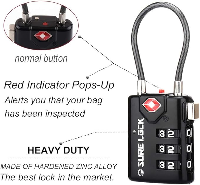 SURE LOCK TSA Approved Combination Luggage Locks with Open Alert Indicator – Durable Zinc Alloy Cable Travel Locks with Large Easy-Read Dials for Suitcases, Backpacks & Gym Bags(Black 6 Pack