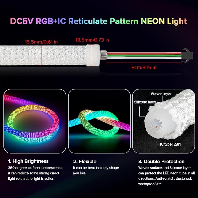 BTF-LIGHTING 9.8FT WS2811 WS2812B IC RGB DC5V 360 Degree Round Reticulate Pattern Chasing Color Neon LED Strip Flexible Nylon Silicone IP67 Waterproof Dream Color Rope Light(No Adapter or Controller)