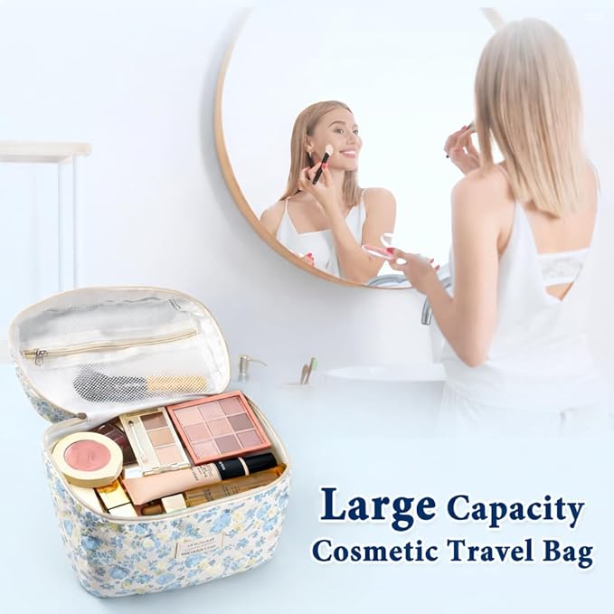 Cute Makeup Bag for Women(2 Pcs), Travel Cosmetic Bags, Quilted Coquette Aesthetic Floral Toiletry Organizer Bag (49 - Green Leaf/4PCS)