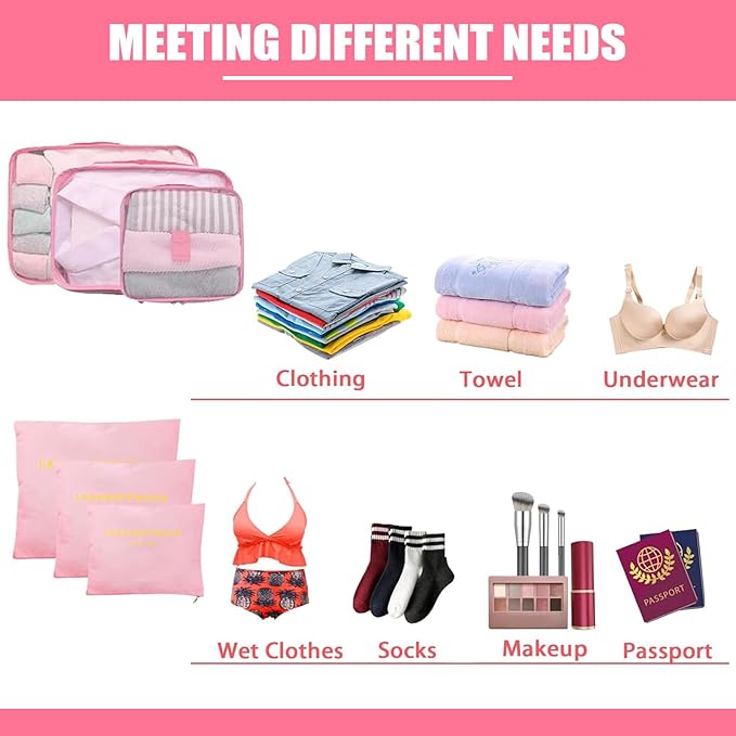 6 Set Packing Cubes for Travel Luggage Packing Bags Reusable Waterproof Suitcase Organizer Bags Set with Shoe Bag and Toiletry Bag (Pink)