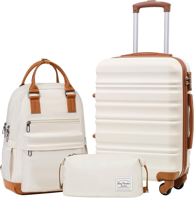 LONG VACATION Carry On Luggage Sets 3 Piece 20 Inch Suitcase Set, ABS+PC Hardshell Lightweight Travel Luggage with Spinner Wheels & YKK Zipper TSA Lock (20 INCH (BP/TB), BEIGE-BROWN)