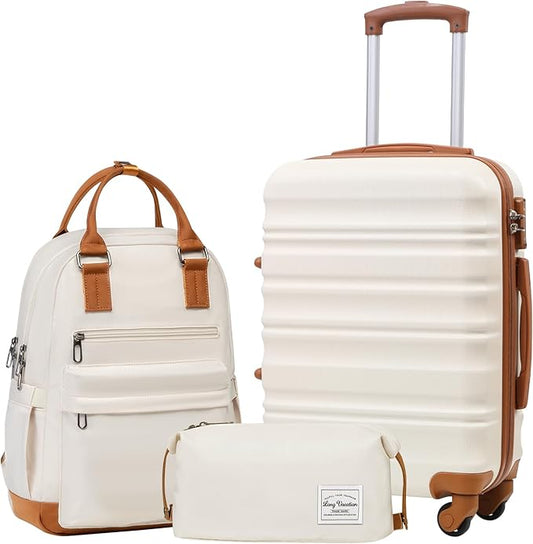 LONG VACATION Carry On Luggage Sets 3 Piece 20 Inch Suitcase Set, ABS+PC Hardshell Lightweight Travel Luggage with Spinner Wheels & YKK Zipper TSA Lock (20 INCH (BP/TB), BEIGE-BROWN)