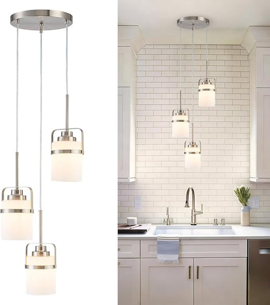Brushed Nickel 3-Light Pendant Lighting, Adjustable Cluster Hanging Light Fixture with Milk Glass Shade, Modern Pendant Light for Kitchen Island Dining Room Bar