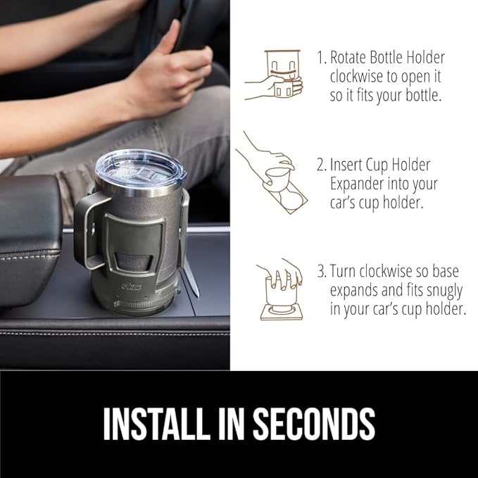 GORILLA GRIP Patent Pending Adjustable Car Cup Holder Expander, Keeps Water Bottle Secure, Expands to Fit 18 to 48 oz Large Bottles, Yeti, Owala, Stanley with Handle, Coffee Mug Insert for Cars, Gray