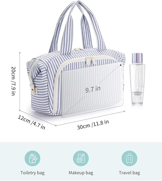Narwey Travel Toiletry Bag for Women, Wide Open Large Makeup Bag, Cosmetic Bag Make Up Organizer with Handle, Wet Pocket for Towel, Travel Bag for Toiletries, Brushes, Essentials (Greyish Blue Stripe)