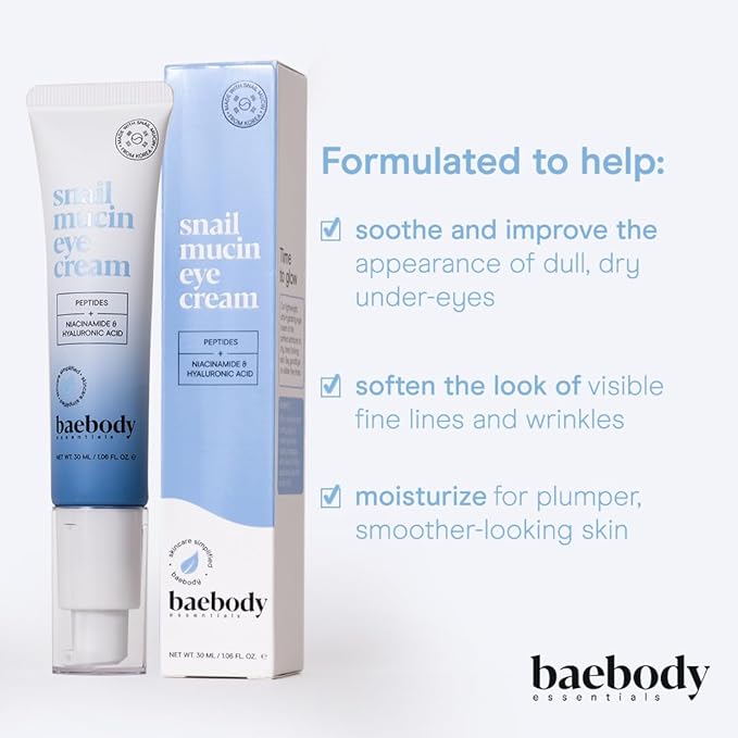 Baebody Snail Mucin Eye Cream (30 ml/1.06 fl oz) - Anti-Aging Korean Eye Cream for Dark Circles and Dry Skin - Snail Mucin Serum with Peptides and Hyaluronic Acid