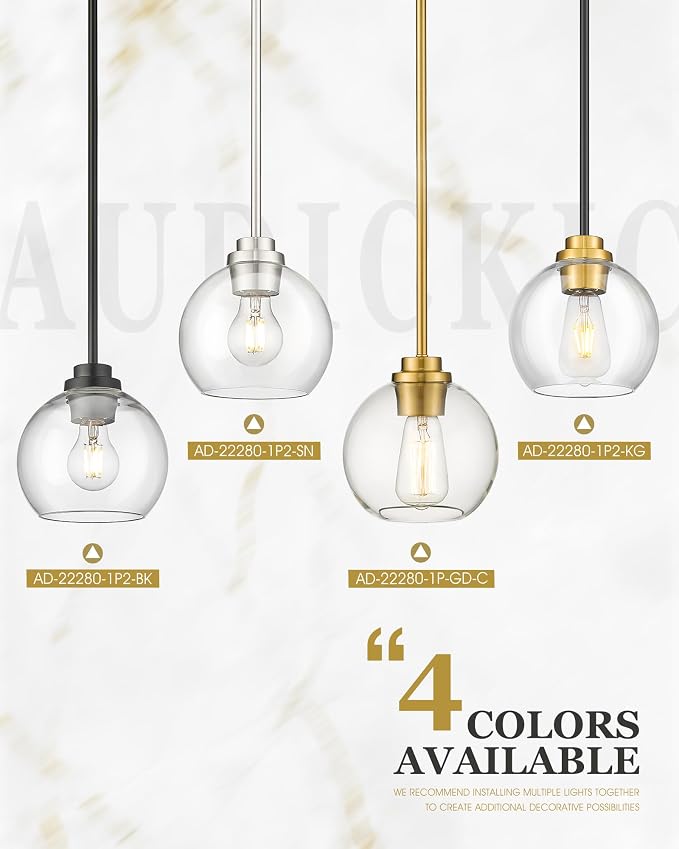 Pendant Lights Kitchen Island, 7" Black and Gold Hanging Lights Fixtures with Clear Glass Globe Shade, Modern Kitchen Island Lighting for Bathroom, AD-22280-1P-KG