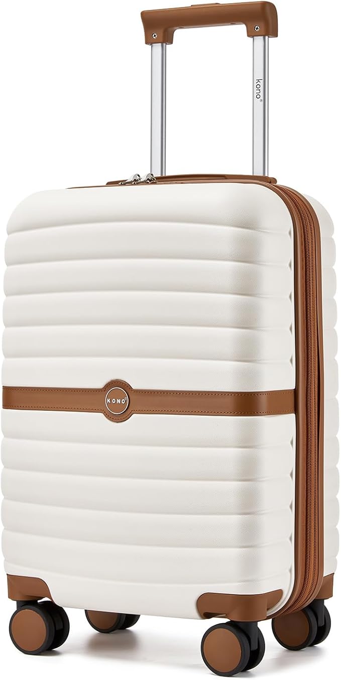 Kono Expandable Carry On Luggage 22x14x9 Airline Approved with Spinner Wheels, 20 Inch Impact-Resistant PC+ABS Hardshell Rolling Suitcase Travel Luggage with Lock, White/Brown