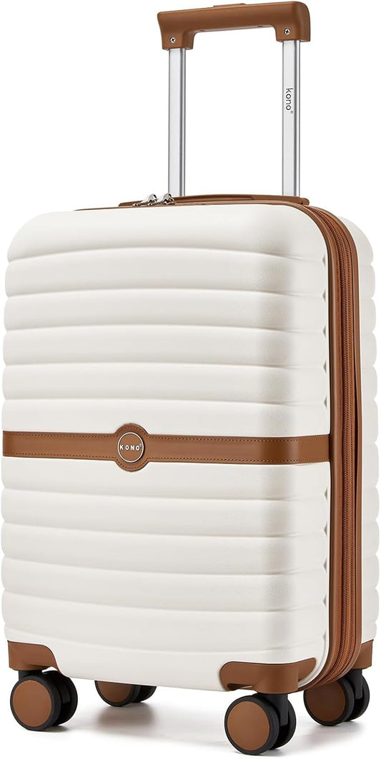 Kono Expandable Carry On Luggage 22x14x9 Airline Approved with Spinner Wheels, 20 Inch Impact-Resistant PC+ABS Hardshell Rolling Suitcase Travel Luggage with Lock, White/Brown