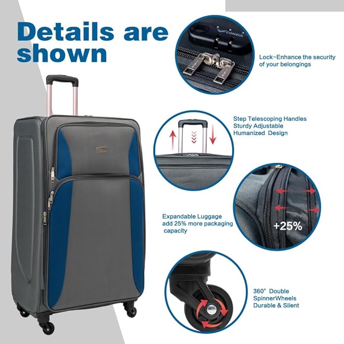Lispin Luggage Set Softshell Expandable 4 Piece Suitcase with Wheels Softside Lightweight Travel Carry on Luggage (Blue Gray+Polyester)