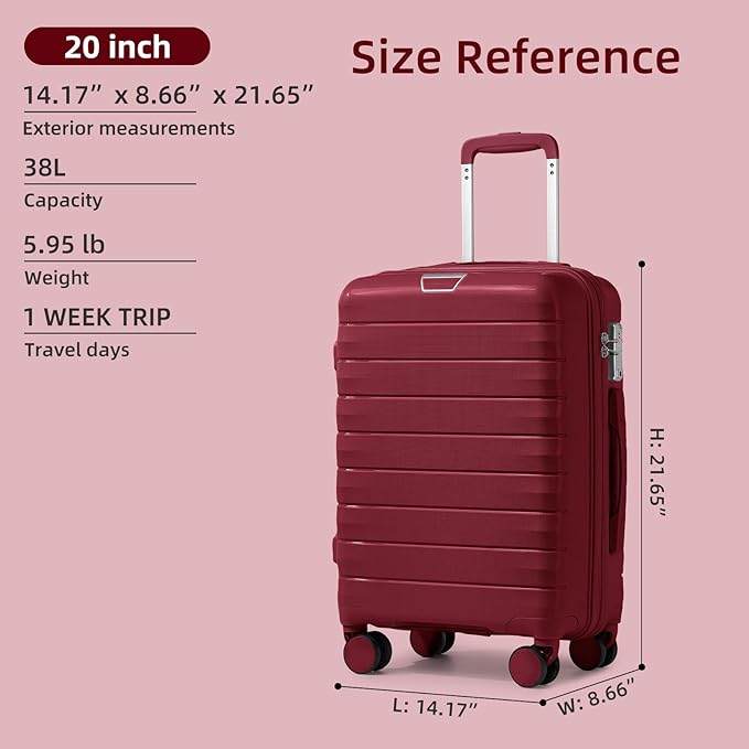 LARVENDER Carry On Luggage 22x14x9 Airline Approved, 20 Inch Hardshell & Lightweight PP Travel Carry On Suitcase for Women with Spinner Wheels TSA Lock, Maroon