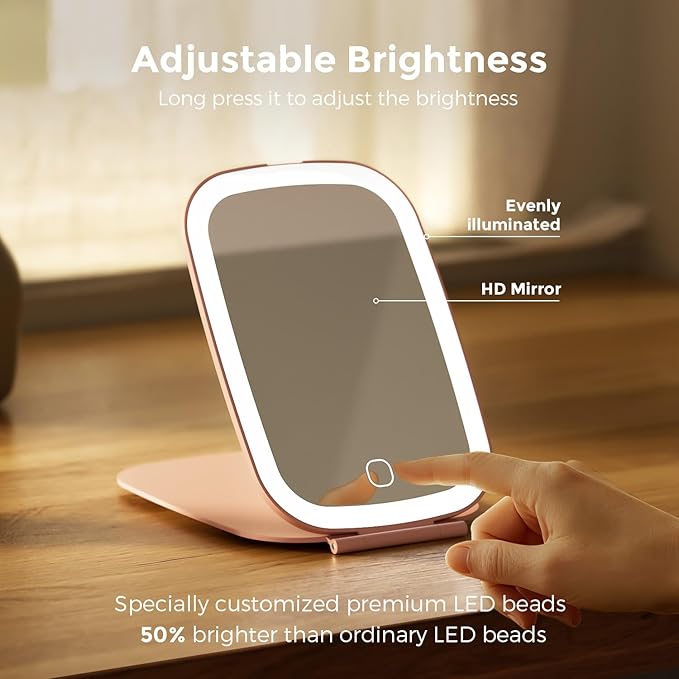 NEZZOE Rechargeable Travel Makeup Mirror with LED Light, 3 Lighting Modes, 7 x 5 Inch Foldable Vanity Mirror for Desk or On The Go, Pink