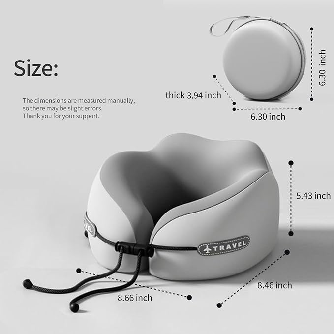 Travel Neck Pillow with Storage Case, 100% Pure Memory Foam, Airplane Head Support for Flight Sleeping, Portable, Gray (Gray Matching)