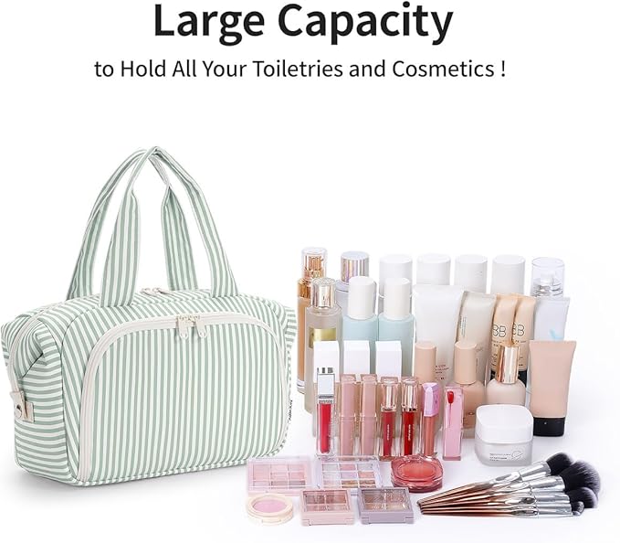 Narwey Travel Toiletry Bag for Women, Wide Open Large Makeup Bag, Cosmetic Bag Make Up Organizer with Handle, Wet Pocket for Towel, Travel Bag for Toiletries, Brushes, Essentials (Mint Green Stripe)