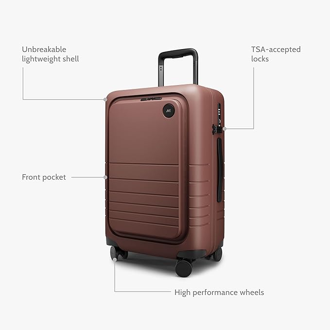 Monos Carry-On Pro Plus Luggage (23"), Hardside Spinner Suitcase with TSA Lock & Front Pocket, Airline Approved, Terracotta, Red