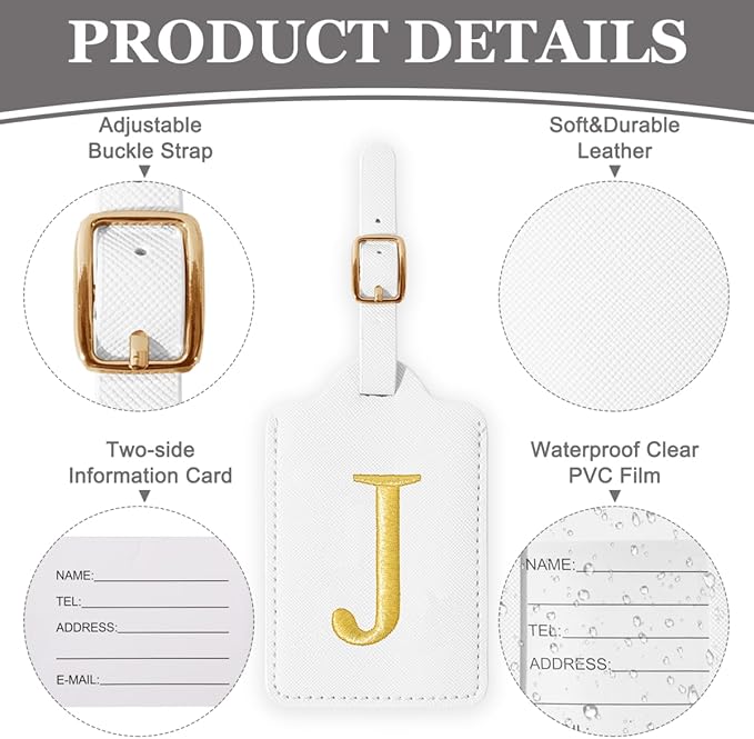 Personalized Initial Luggage Tags for Suitcases,Leather Letter Cute Luggage Tags with Privacy Name Card,Embroidered Monogrammed Travel Bag Backpack Tag Gifts for Women Kids Girls Teens(White-J)