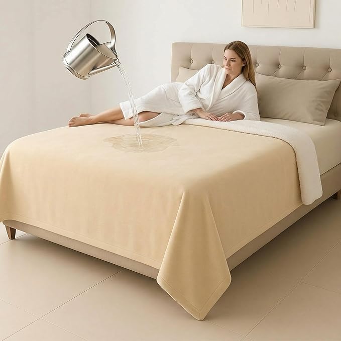 King Size Waterproof Blanket for Bed Couch, 80'' x 80'' Double Side Leakproof Reversible Sherpa Flannel Fleece 3-Layer Lightweight Blanket, Absorbs 70oz(Beige/White), Machine Washable