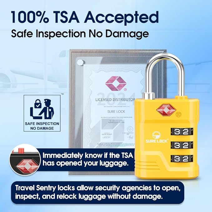 SURE LOCK TSA Approved Luggage Lock – 3-Digit Resettable Combination Padlock with Open Alert Red Dot, Large Easy-Read Dials for Suitcases, Backpacks, Gym & School Lockers(Yellow 1 pk)