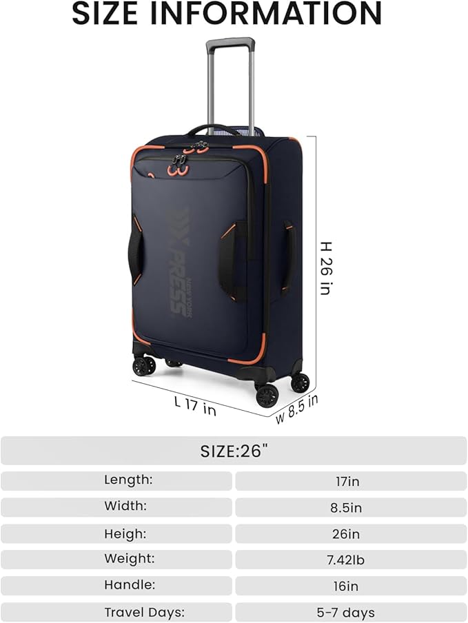 26'' Softside Rolling Luggage with Double Spinner Wheels,Waterproof,Lightweight Travel Suitcase for Men Women（Blue,26in）