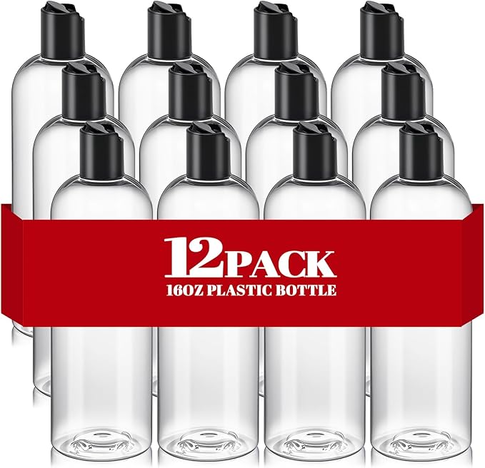 16 oz Clear Plastic Empty Bottles with Black Disc Top Caps, 12 Pcs Squeezable Refillable Shampoo Bottles Travel Cosmetic Containers for Lotions, Body Soap Cream
