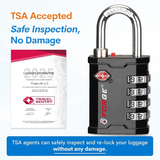 FFORGE 4-Digit TSA Approved Travel Locks – TSA008 Key System, Key Duplication Impossible, Heavy-Duty Combination Padlock for Travel, Gym, Pelican Case. Black 1 Lock.
