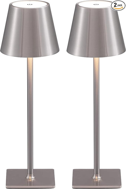 KDG 2 Pack Cordless Brushed Nickel Table Lamps, Portable LED Desk Lamp | 4000mAh Battery Operated 3 Color Stepless Dimming Up for Restaurant, Bedroom, Outdoor Party, Camping, Coffee Shop, Nightlight
