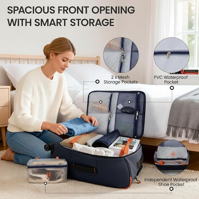 2-Piece Set（22in/26in） Front Opening,Softside Luggage Sets w/Double Spinner Wheels Suitcase,Waterproof,Lightweight Travel Luggage Rolling Suitcase（Blue,22in/26in）