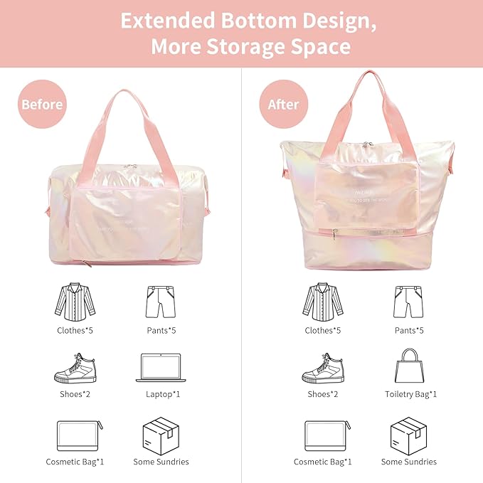 IwIeIaIrI Weekender Overnight Bags for Women Men,Waterproof Lightweight Foldable Gym Duffel Dance Bag for Girls Kids Women Weekend Travel with Laser Color (Pink)