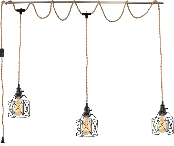 3-Light Hanging Light with Plug in Cord,Plug in Pendant Light 22ft Hemp Rope Pendant Lighting Vintage 3-Light Hanging Lamp Fixtures for Kitchen Island Living Room Bedroom