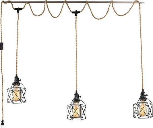 3-Light Hanging Light with Plug in Cord,Plug in Pendant Light 22ft Hemp Rope Pendant Lighting Vintage 3-Light Hanging Lamp Fixtures for Kitchen Island Living Room Bedroom
