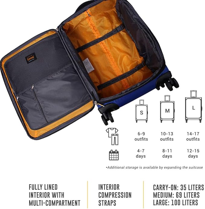 LUCAS Designer Luggage Collection - 3 Piece Softside Expandable Ultra Lightweight Spinner Suitcase Set - Travel Set includes 20 Inch Carry On, 24 Inch & 28 Inch Checked Suitcases (Royal Blue)