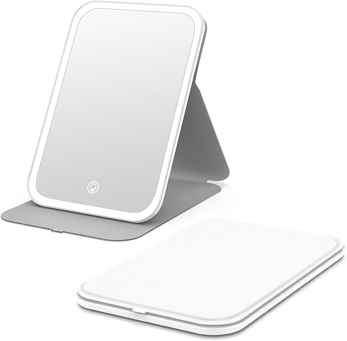 Kintion Travel Makeup Mirror, Portable LED Lighted Folding Mirror (White) | 60 LEDs, 3-Color Dimmable Rechargeable Tabletop Mirror, 360° Rotation Touch Screen Lighting Vanity Mirror