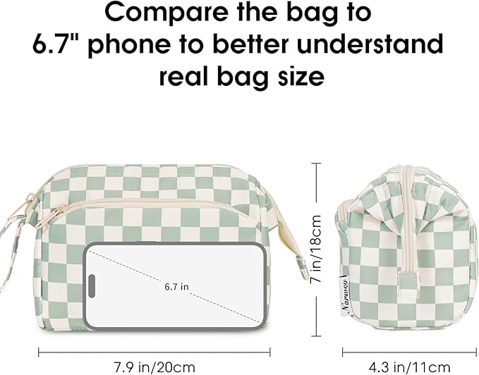 Narwey Makeup Bag Women Girls, Travel Toiletry Bag for Women Cosmetic Bag Organizer Make up Bag with Compartments Toiletries Medicine Bag (Mint Green Checkerboard)