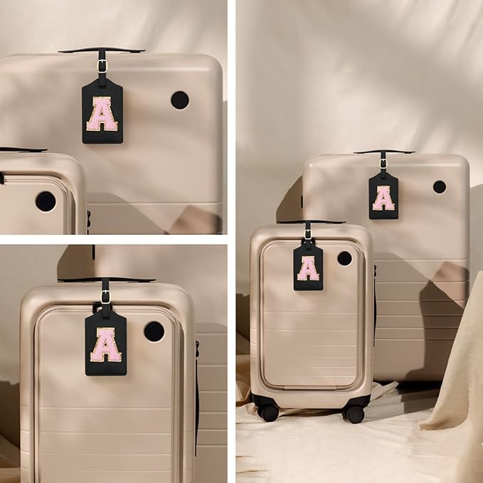 Initial Luggage Tag, PU Leather Luggage Tag, Embroidered Luggage Tag, Letter Luggage Tag, Monogrammed Luggage Tag, Luggage Tag for Baggage Bag Suitcase (A, Black Leather+Pink Letter)