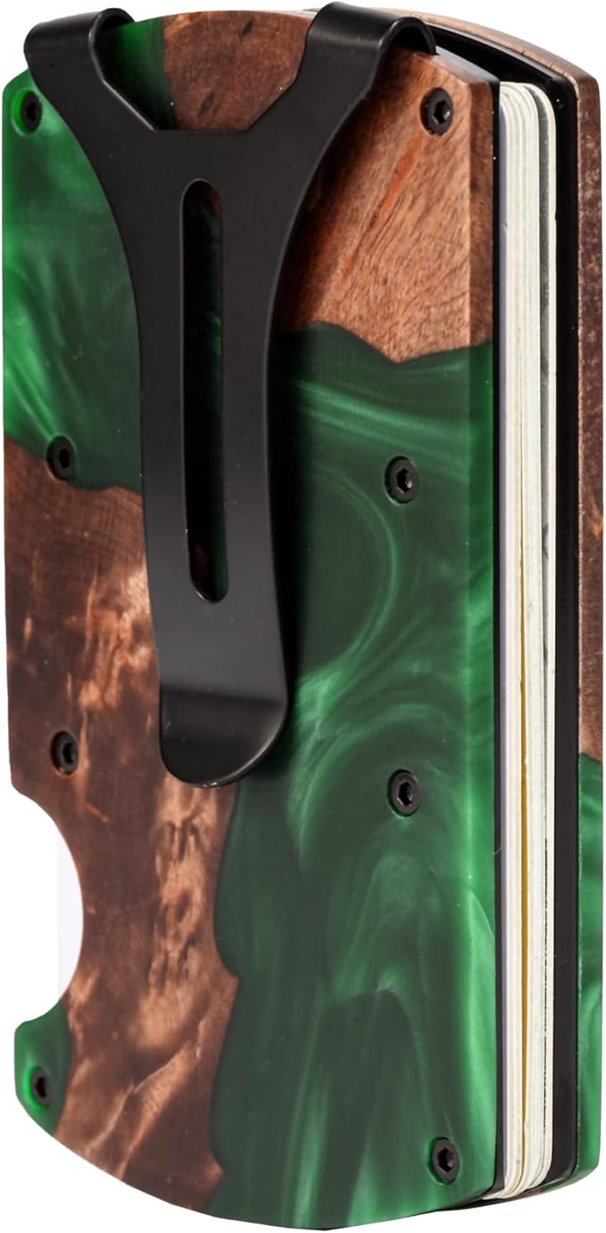 Carbon Fiber Minimalist Wallet for Men Credit Card Holder Money Clip & Cash Strap Slim RFID Mens Wallets,Resin Natural Walnut Wood,Unique Pattern,Green