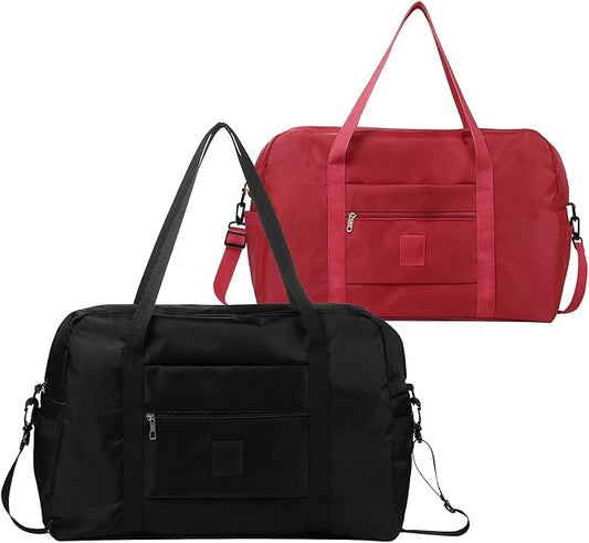 Folding Duffle Bag for Travel – Large Capacity Waterproof Oxford Cloth Weekender Carry On Tote with Crossbody strap, Lightweight Foldable Gym and Overnight Bag (2, Balck+Red, Large)