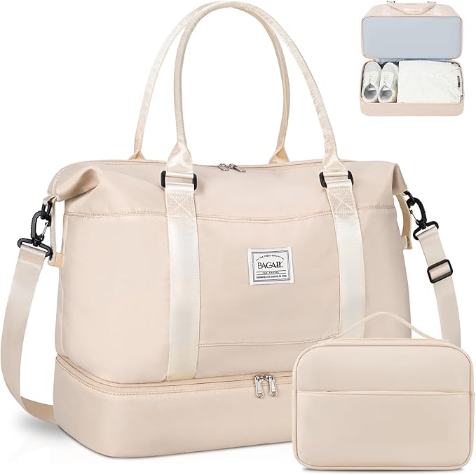 BAGAIL Travel Duffel Bag, Weekender Bags for Women, Overnight Gym Carry On Tote Bag with Wet Pocket, Hospital Mom Bag for Labor and Delivery - Extra Large Set, Beige