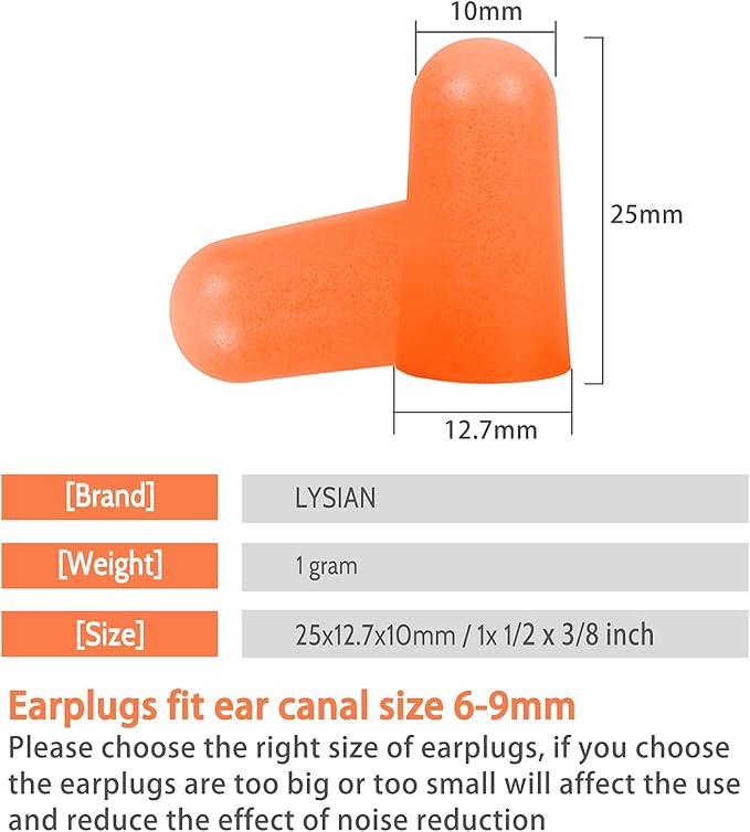 LYSIAN Soft Foam Earplugs 38dB SNR, 60 Pairs, Disposable Noise Cancelling Ear Plugs for Snoring, Work, Sleeping, Industrial, Shooting Range Hearing Protection- Orange